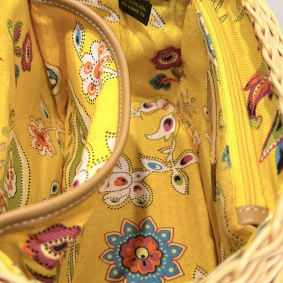 Etienne Aigner Wicker Basket Purse, Yellow Paisley Interior, Gold Toned Details - Picture 9 of 11